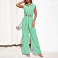 Spring Summer Women's Striped Buttoned Sleeveless Shirt and Pants Set