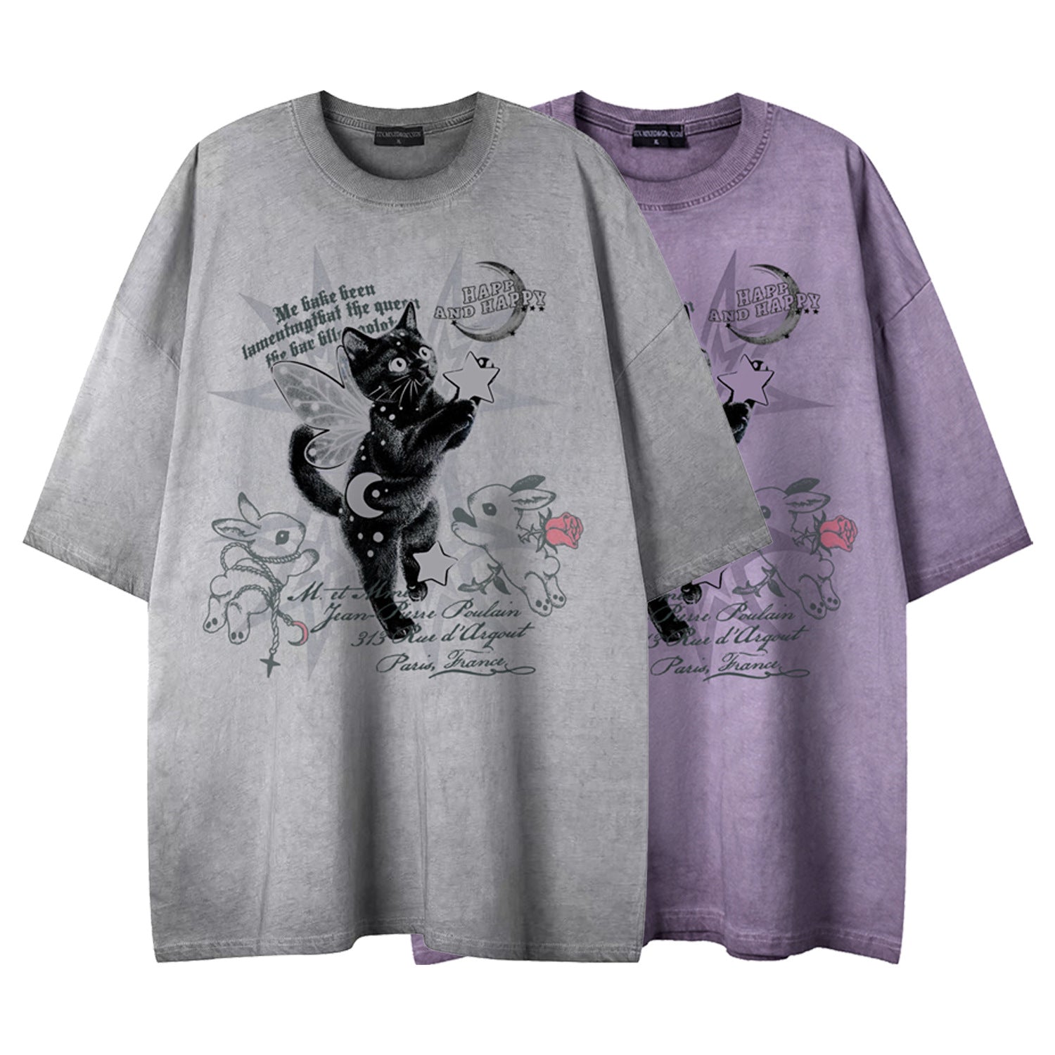 Dreamy black cat print short sleeved shirt