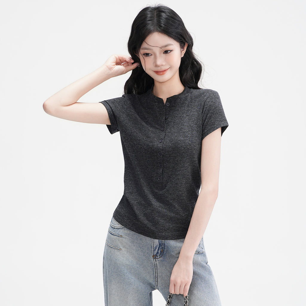 Elegant Half-Open Collar Buttoned Shoulder Design Short Sleeve T-Shirt for Women