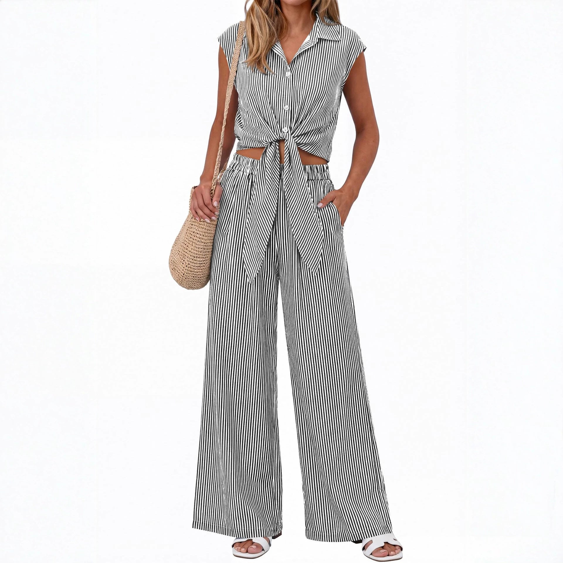 Spring Summer Women's Striped Buttoned Sleeveless Shirt and Pants Set