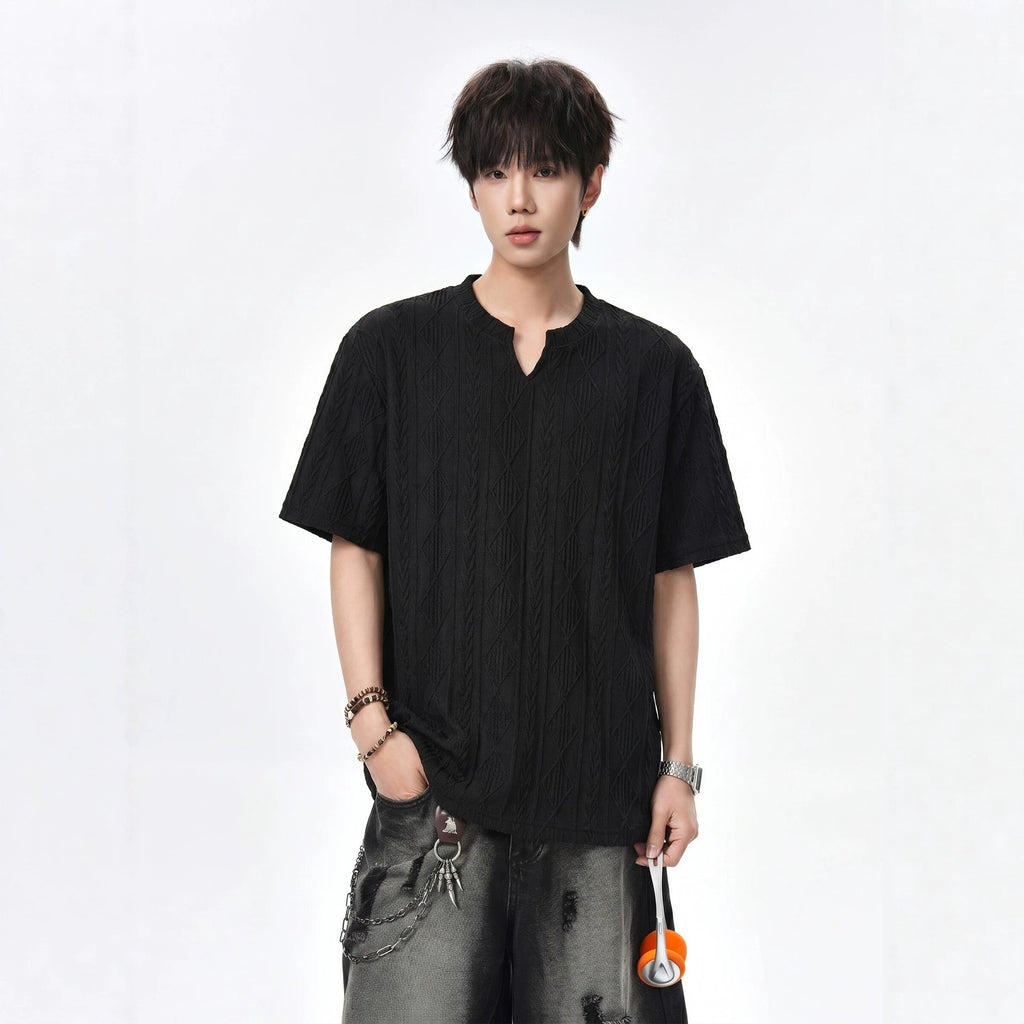 White Textured Hollow-Out V-Neck Short Sleeve T-Shirt for Men