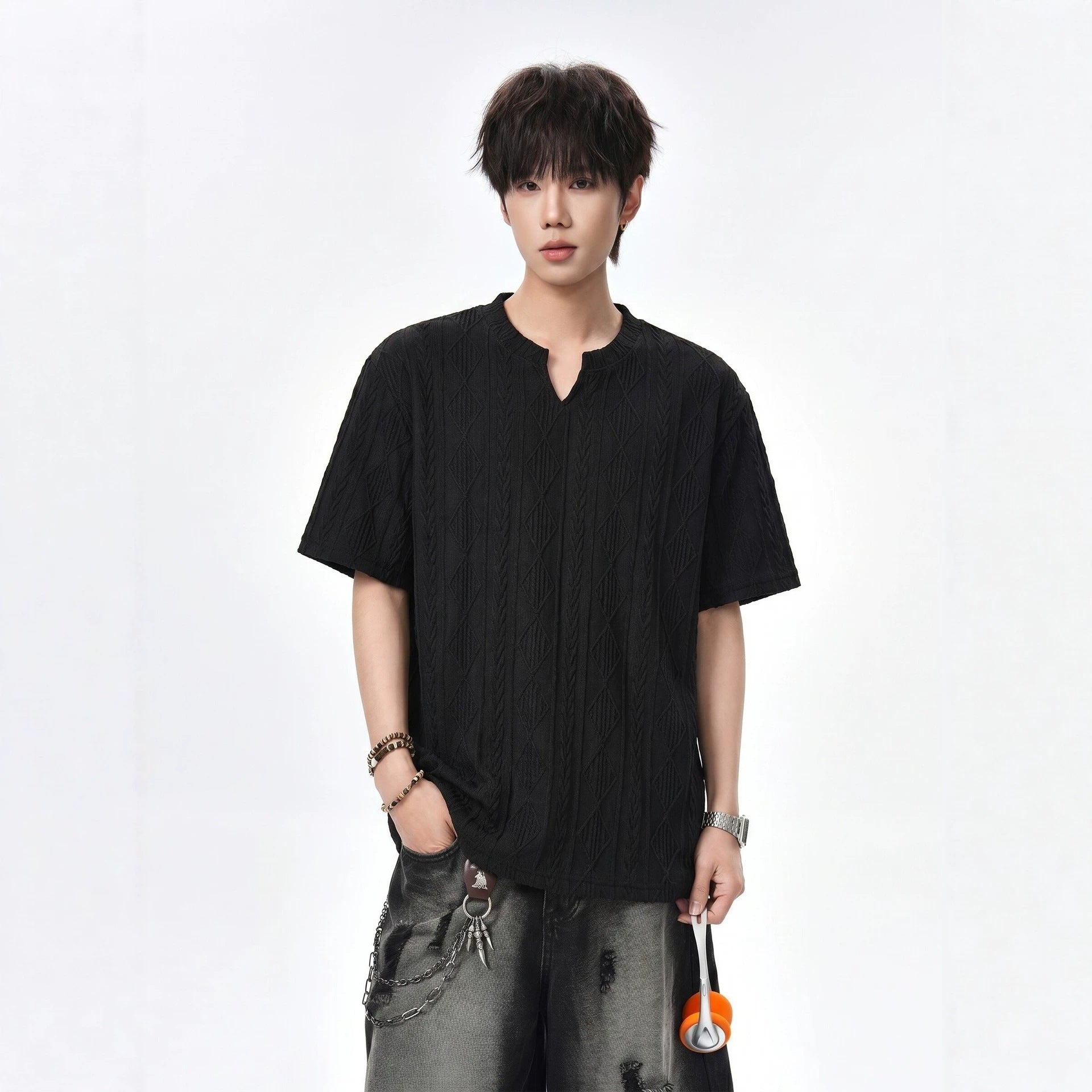 White Textured Hollow-Out V-Neck Short Sleeve T-Shirt for Men