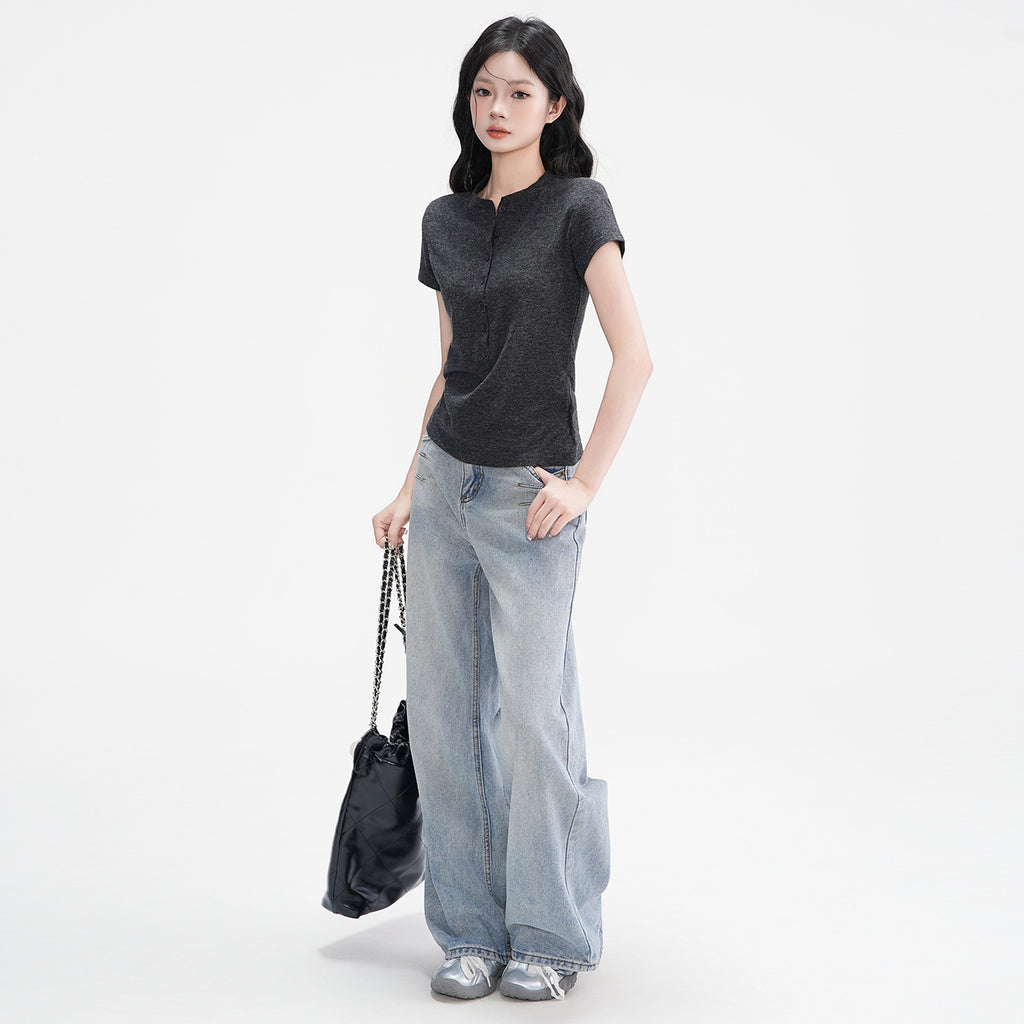 Elegant Half-Open Collar Buttoned Shoulder Design Short Sleeve T-Shirt for Women