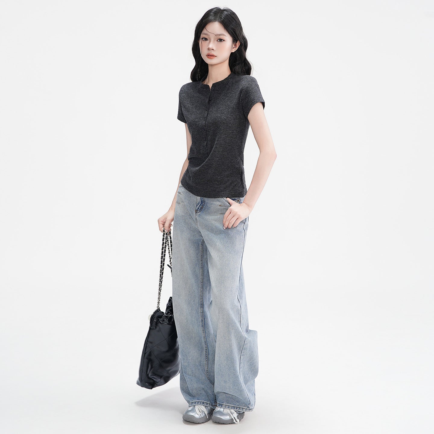 Elegant Half-Open Collar Buttoned Shoulder Design Short Sleeve T-Shirt for Women