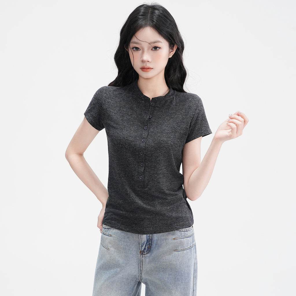 Elegant Half-Open Collar Buttoned Shoulder Design Short Sleeve T-Shirt for Women