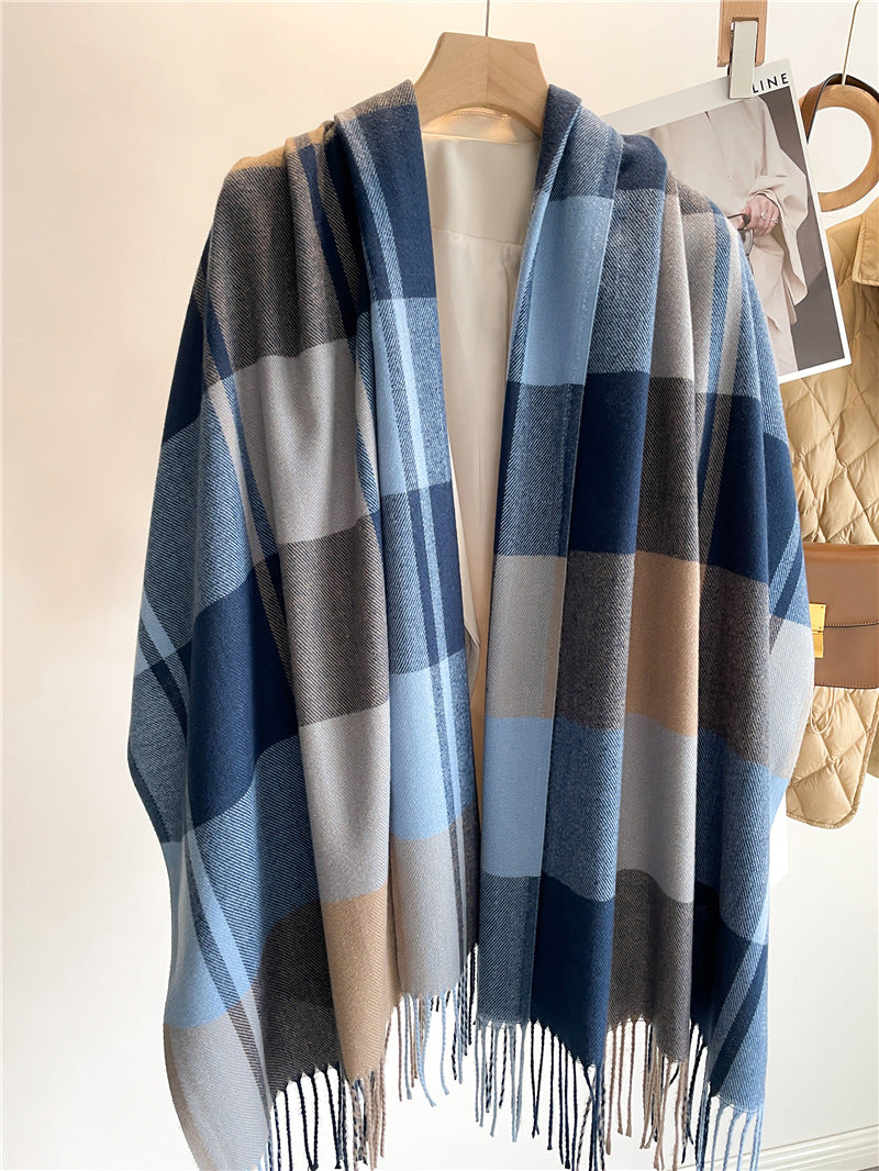 Chic Checkered Scarf for Women Men's Neck Warmer Long Fringed Versatile Couple Scarf Faux Cashmere