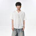 White Textured Hollow-Out V-Neck Short Sleeve T-Shirt for Men